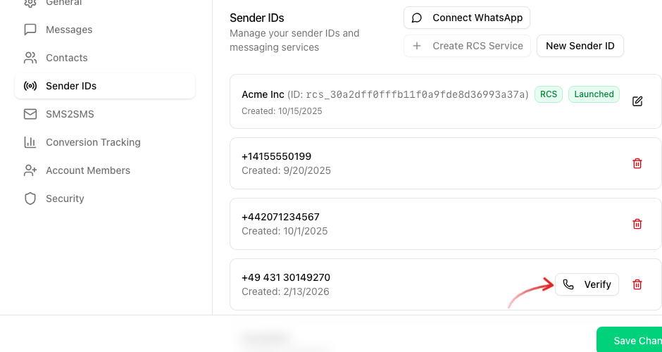 Sender IDs list with an arrow on the Verify button next to a number