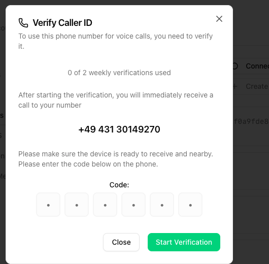 Verify Caller ID dialog with phone number, six code fields and Start Verification button