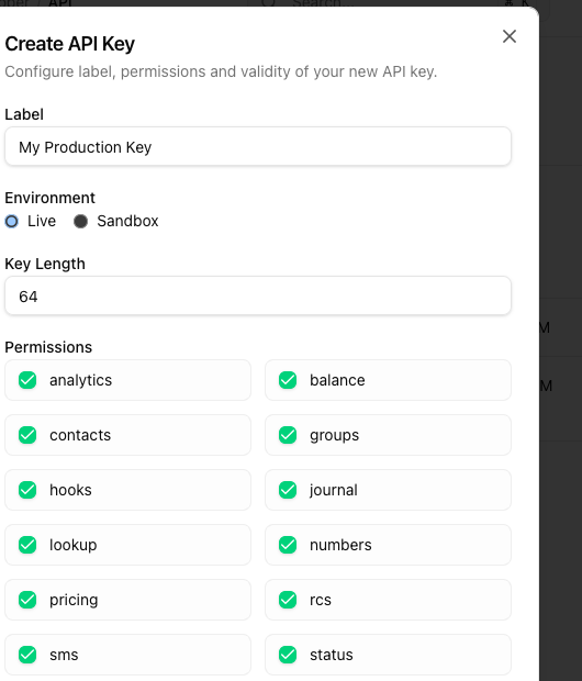 Create API Key dialog with label, Live/Sandbox environment, key length and permissions