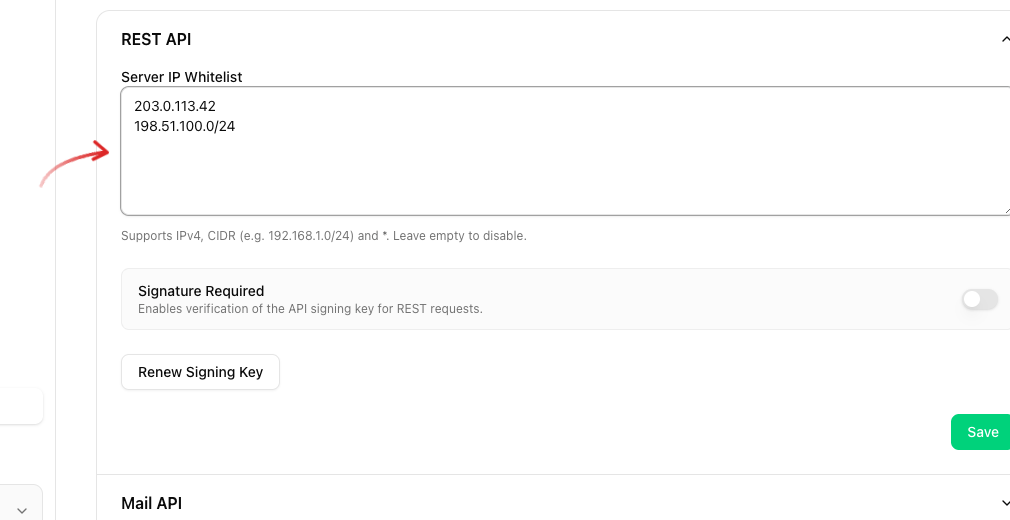 Developer settings with Server IP Whitelist and two example entries